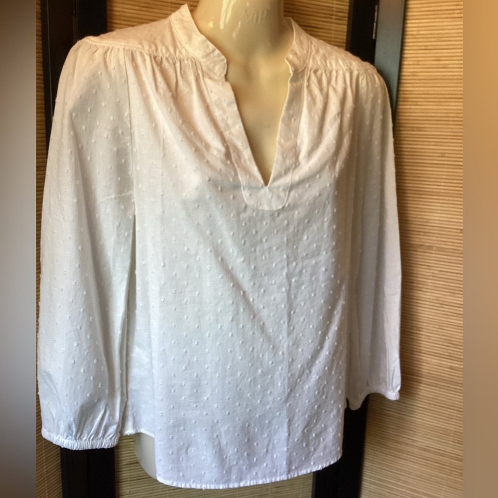 NWT Gap white cotton blouse XS embroidered split neck long sleeve band collar